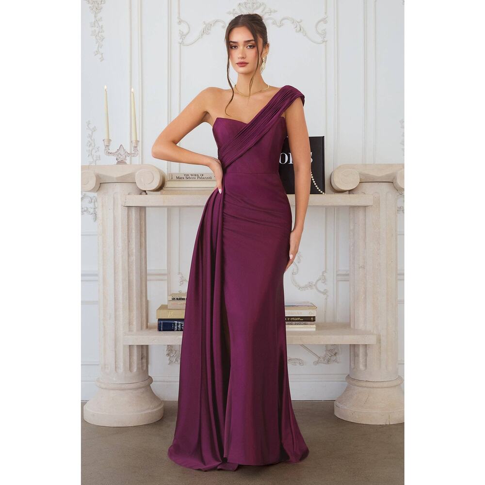 Amoris T817 Ivanna Maxi Dress One Shoulder Gown Women XL Eggplant Purple Slit
